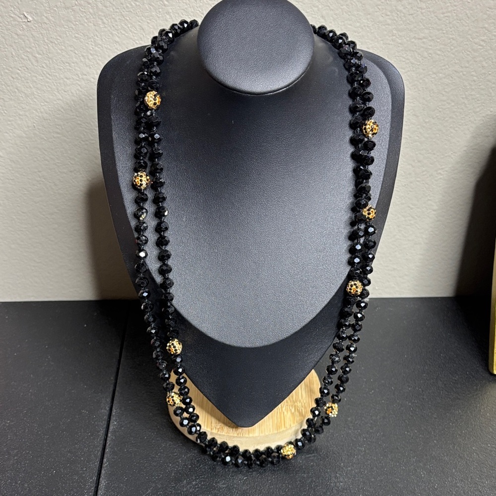 Long Beaded Leopard & Black Shimmer Western Necklace Statement